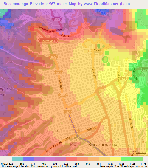 Bucaramanga,Colombia Elevation Map