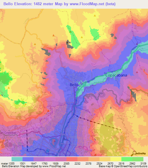 Bello,Colombia Elevation Map