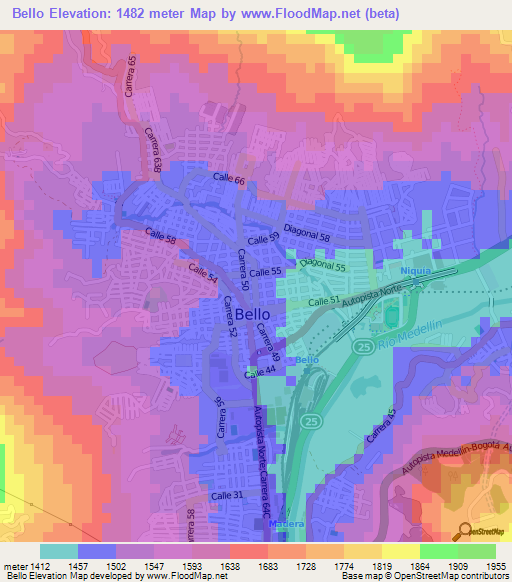 Bello,Colombia Elevation Map