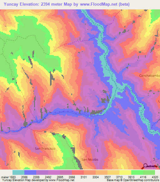 Yuncay,Peru Elevation Map