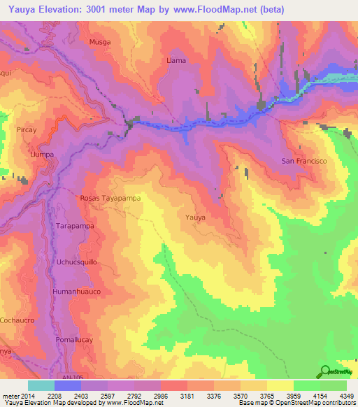 Yauya,Peru Elevation Map