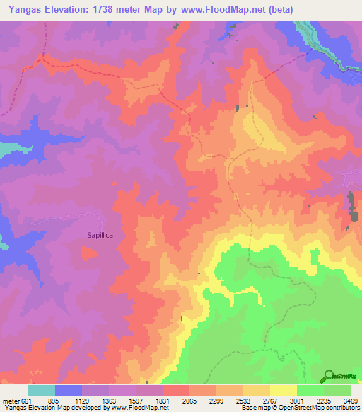 Yangas,Peru Elevation Map