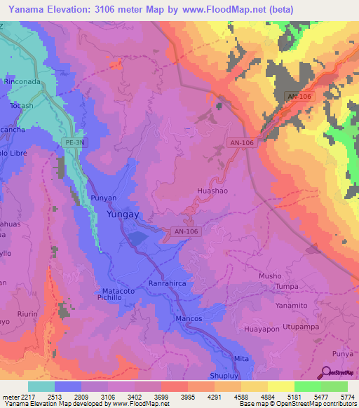 Yanama,Peru Elevation Map
