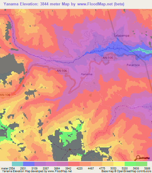 Yanama,Peru Elevation Map