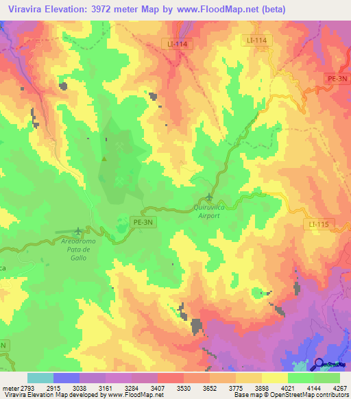 Viravira,Peru Elevation Map