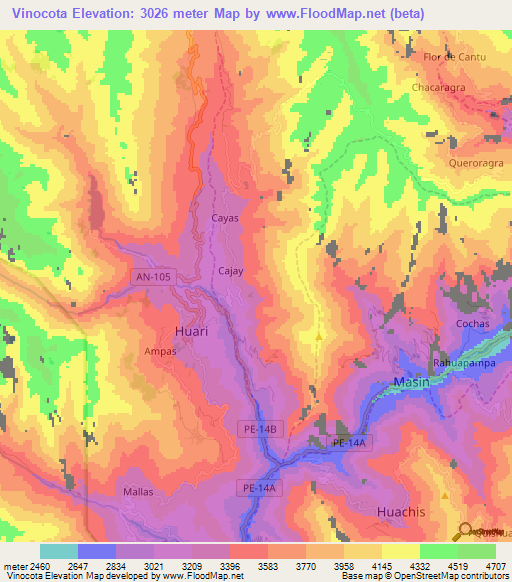Vinocota,Peru Elevation Map