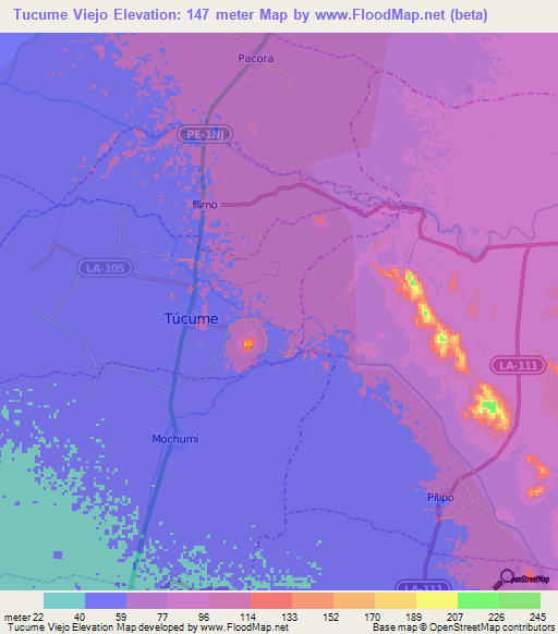 Tucume Viejo,Peru Elevation Map