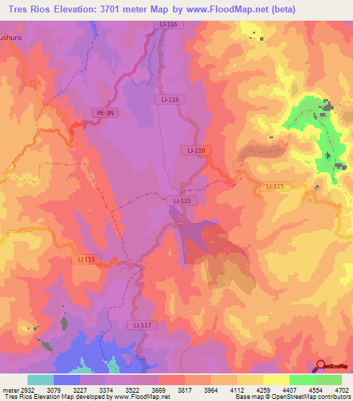 Tres Rios,Peru Elevation Map