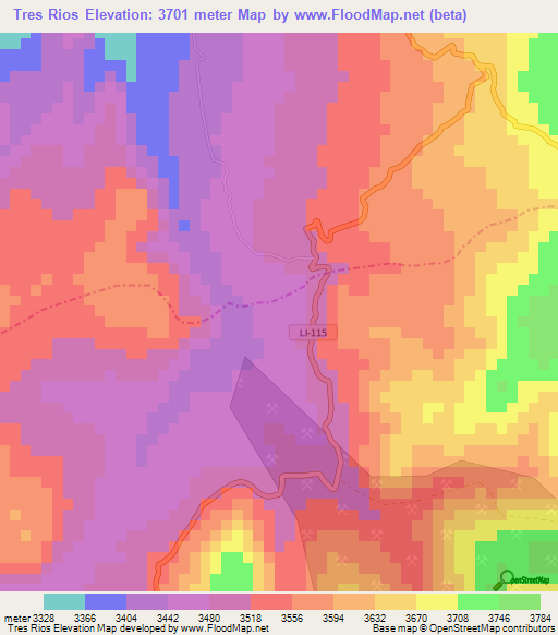 Tres Rios,Peru Elevation Map