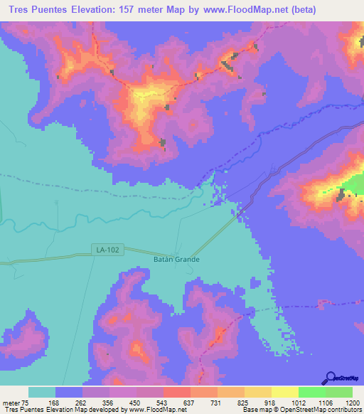 Tres Puentes,Peru Elevation Map