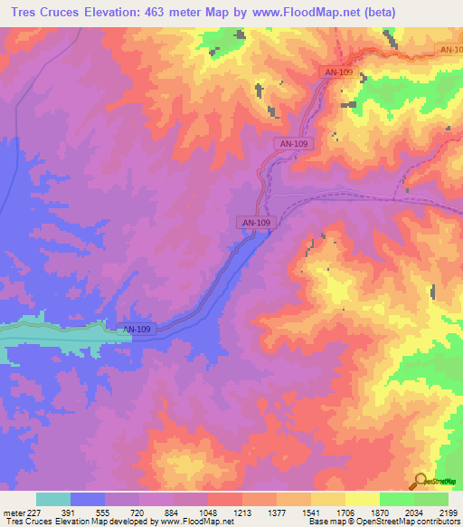 Tres Cruces,Peru Elevation Map
