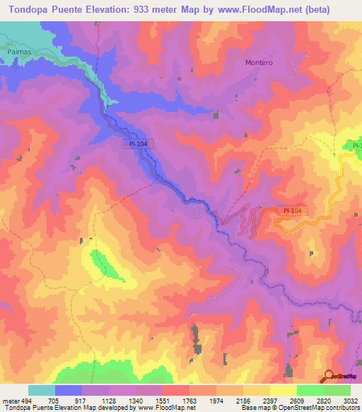 Tondopa Puente,Peru Elevation Map