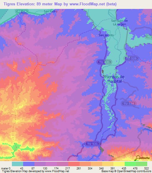Tigres,Peru Elevation Map
