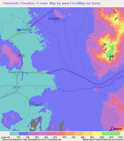 Tamarindo,Peru Elevation Map