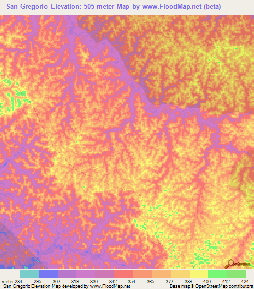 San Gregorio,Peru Elevation Map