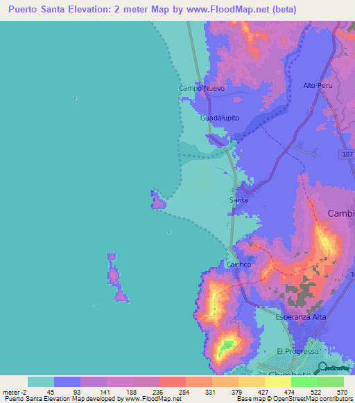 Puerto Santa,Peru Elevation Map