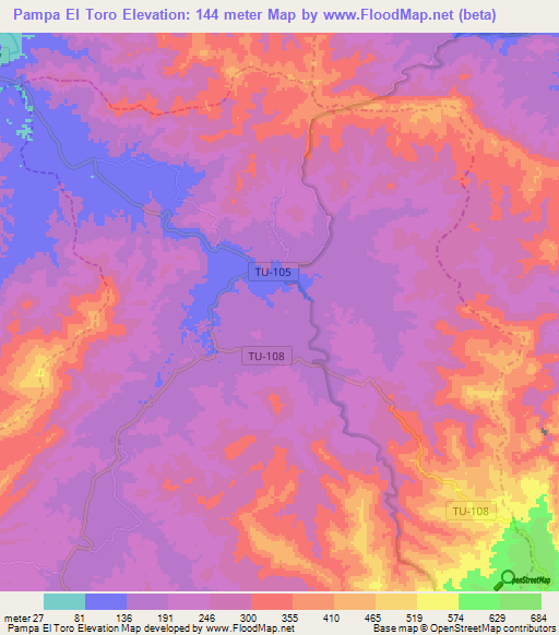 Pampa El Toro,Peru Elevation Map