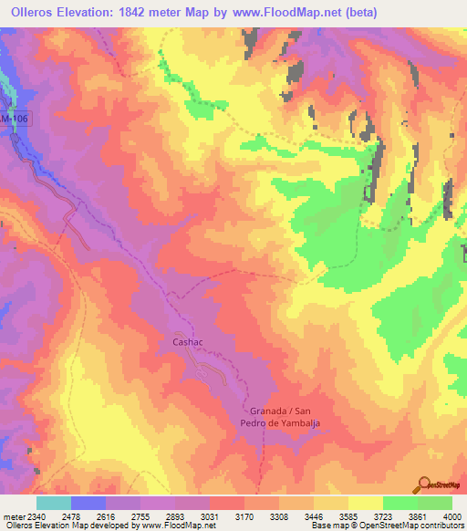Olleros,Peru Elevation Map
