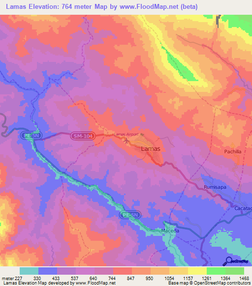 Lamas,Peru Elevation Map