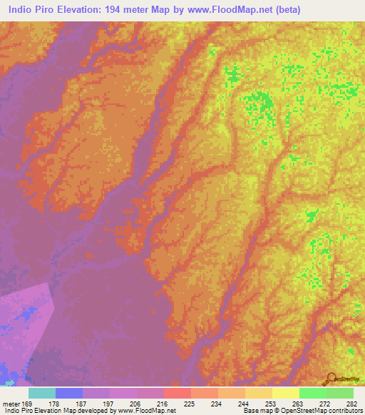 Indio Piro,Peru Elevation Map