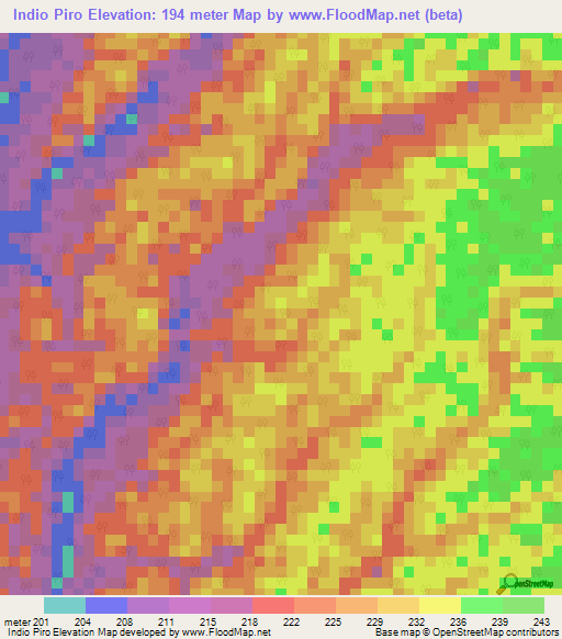Indio Piro,Peru Elevation Map