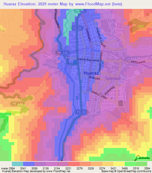 Huaraz,Peru Elevation Map