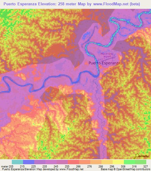 Puerto Esperanza,Peru Elevation Map