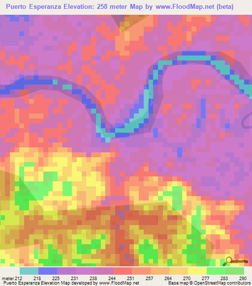 Puerto Esperanza,Peru Elevation Map