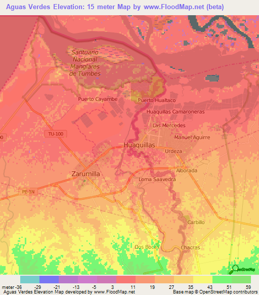 Aguas Verdes,Peru Elevation Map