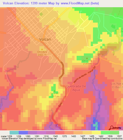 Volcan,Panama Elevation Map