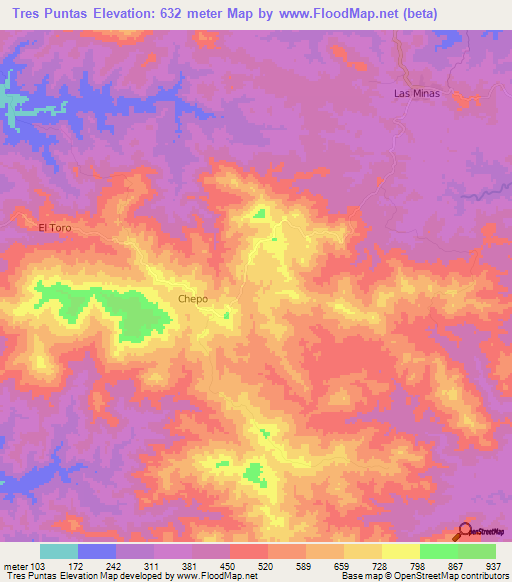 Tres Puntas,Panama Elevation Map
