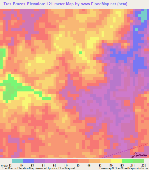 Tres Brazos,Panama Elevation Map