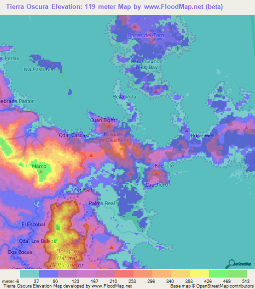 Tierra Oscura,Panama Elevation Map