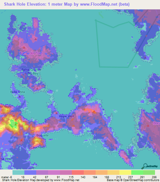 Shark Hole,Panama Elevation Map