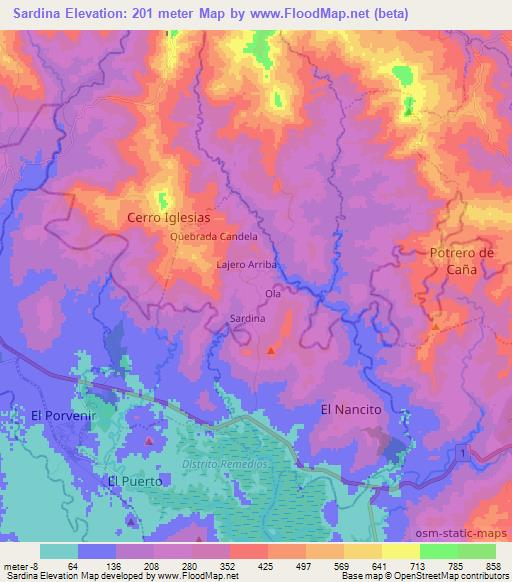 Sardina,Panama Elevation Map