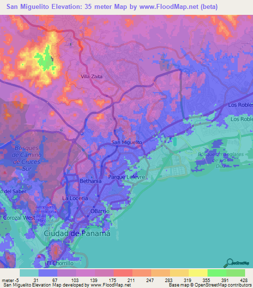 San Miguelito,Panama Elevation Map
