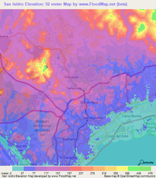 San Isidro,Panama Elevation Map