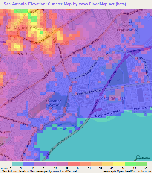 San Antonio,Panama Elevation Map