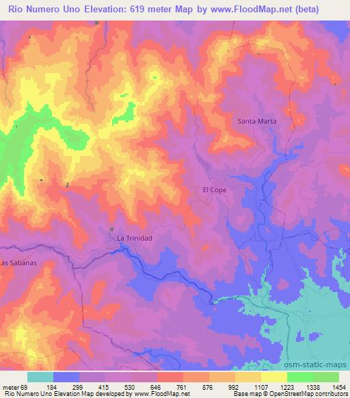 Rio Numero Uno,Panama Elevation Map
