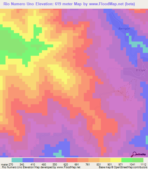 Rio Numero Uno,Panama Elevation Map