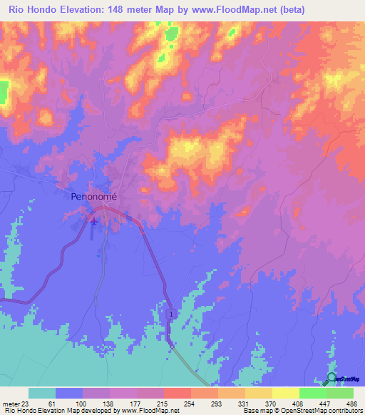 Rio Hondo,Panama Elevation Map