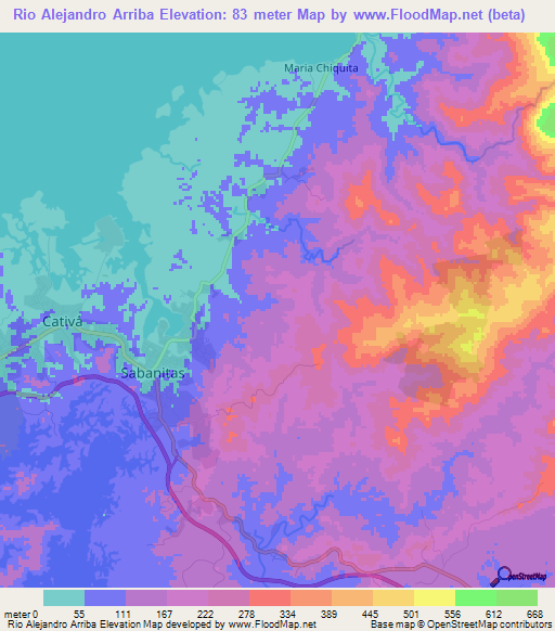 Rio Alejandro Arriba,Panama Elevation Map