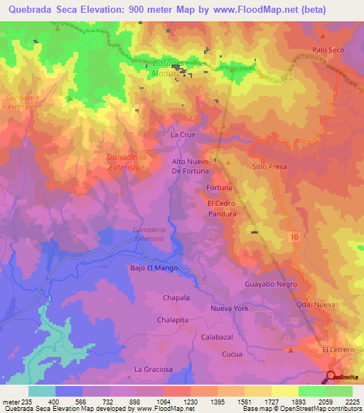 Quebrada Seca,Panama Elevation Map