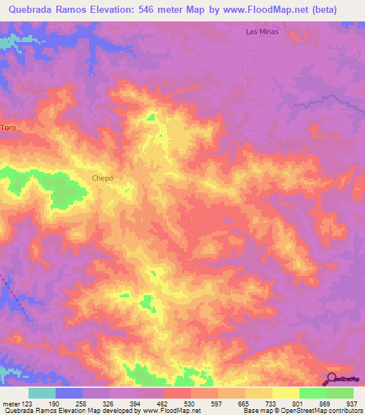 Quebrada Ramos,Panama Elevation Map