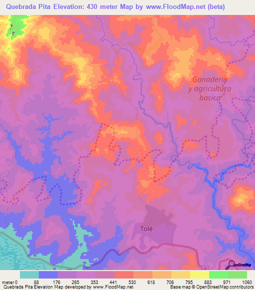 Quebrada Pita,Panama Elevation Map