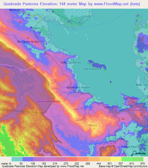 Quebrada Pastores,Panama Elevation Map