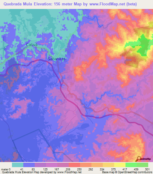 Quebrada Mula,Panama Elevation Map