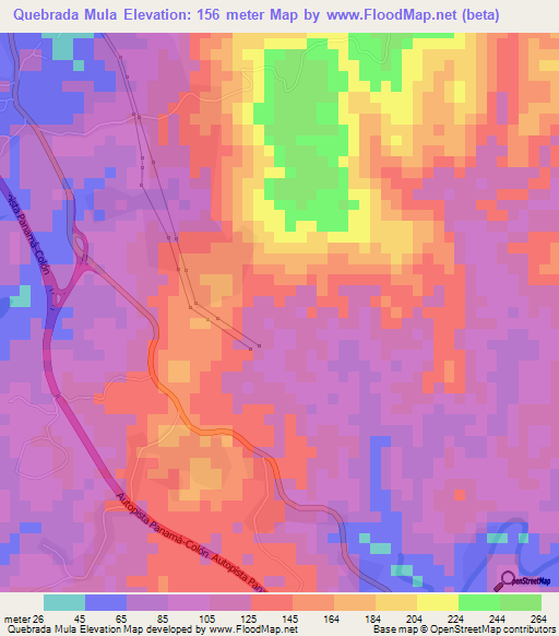 Quebrada Mula,Panama Elevation Map