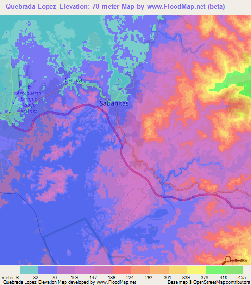 Quebrada Lopez,Panama Elevation Map