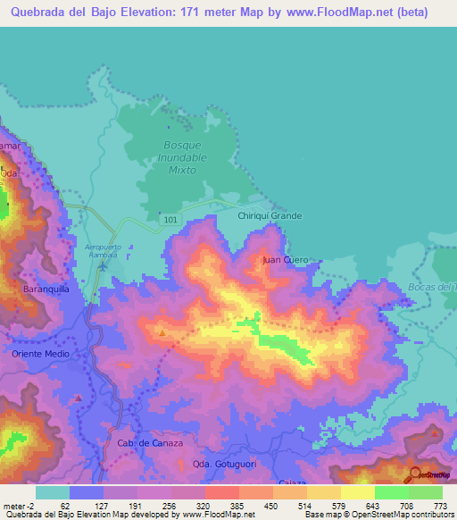 Quebrada del Bajo,Panama Elevation Map